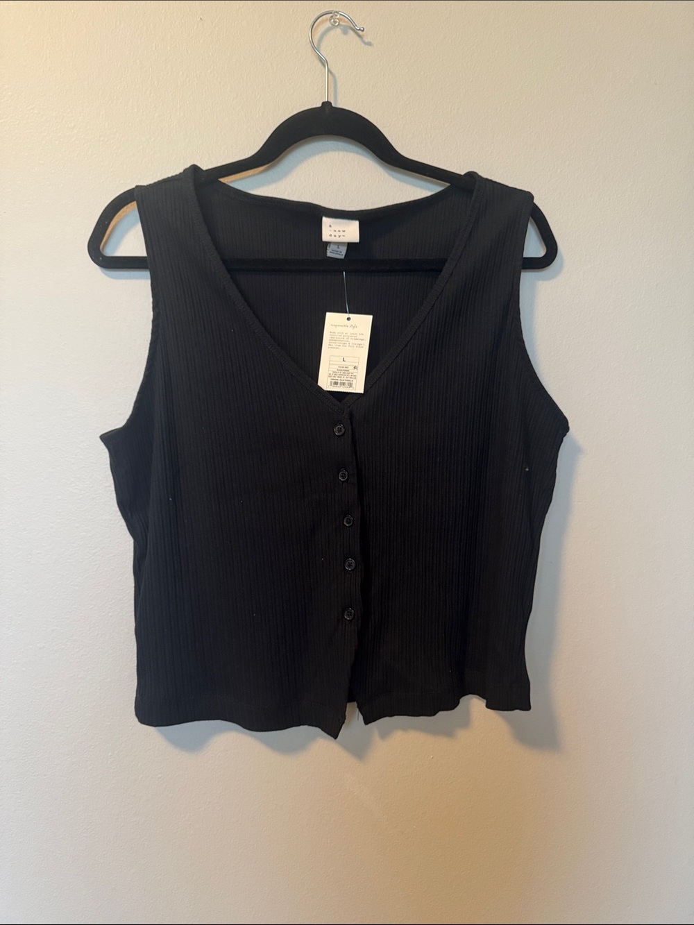 NWT A New Day Ribbed V-Neck Button Front Tank Top - Black